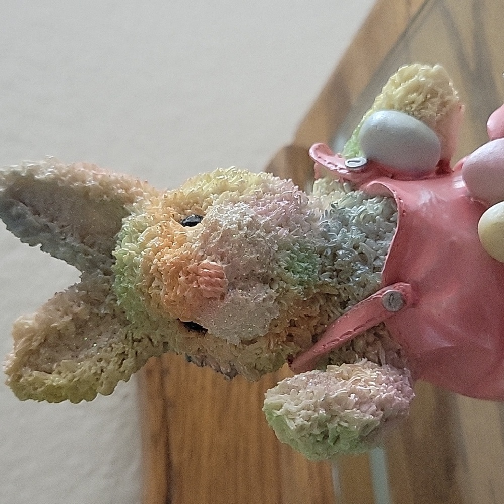 Hand Painted Bunny Figurine Pink Overalls Basket Pastel Eggs Approx 5.5" - Picture 3 of 11